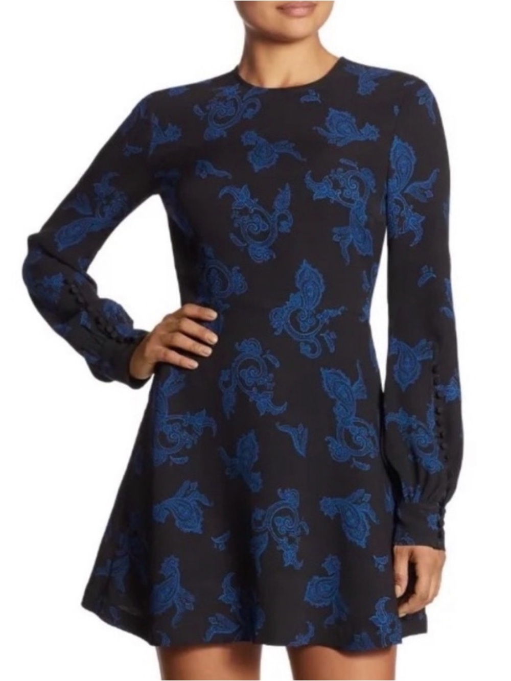 A.L.C. Black Long-Sleeve Fit & Flare Dress with Blue Paisley 100% silk